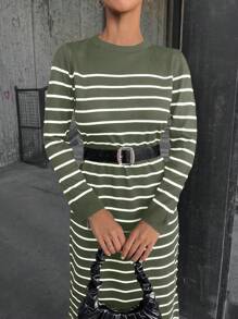 Cloudara Striped Long Sleeve Crew Neck Sweater Dress - Olive Green - View 3