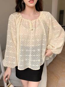DAZY Quý cô Textured Lỏng lẻo phù hợp Buộc Tay áo Tay áo dài Áo sơ mi - Màu be - Xem 3
