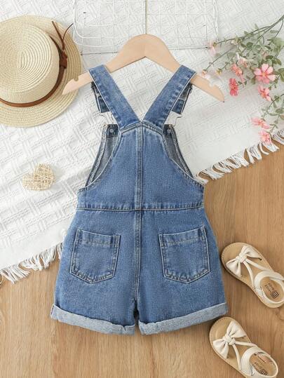 SHEIN Vintaside Kids 年輕女孩們的日常時尚甜美花卉刺繡牛仔鬆緊帶短褲