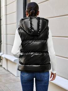 RueChic Zip Up Hooded Puffer Vest Coat - Black - View 2