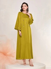 Al Najma 水鑽細節泡泡袖土耳其長袍 - 芥末黃 - 查看 8