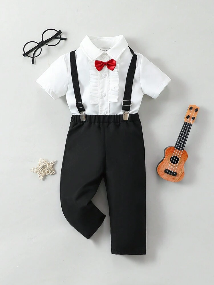2pcs/Set Baby Boys' Black And White Bowtie Gentleman Style Shirt And Pants Set