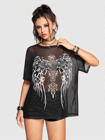 Goth Women's See Through Top With Printed Pattern