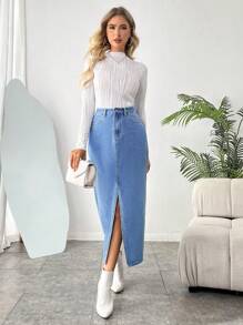 SHEIN Essnce 女性休閒中腰丹寧筒裙,配有劃破邊縫裙擺 - 中等水洗藍 - 查看 5