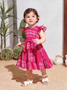 SHEIN Robe courte à ceinture décontractée pour bébé fille à motifs géométriques et manches courtes pour les vacances