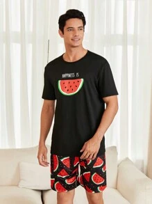 CoupledUp Cartoon Fruit Printed Short Sleeve T-Shirt And Shorts Set Men's Homewear - Multicolor - View 5