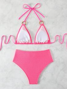 SHEIN Swim Women's Halter Bikini Set Summer Beach - Hot Pink - View 7