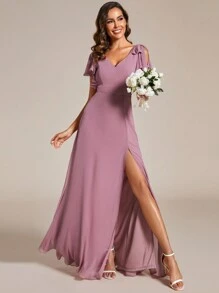 Chiffon Split Thigh Ruffle Trim Bow Shoulder Bridesmaid Dress - Dusty Pink - View 1