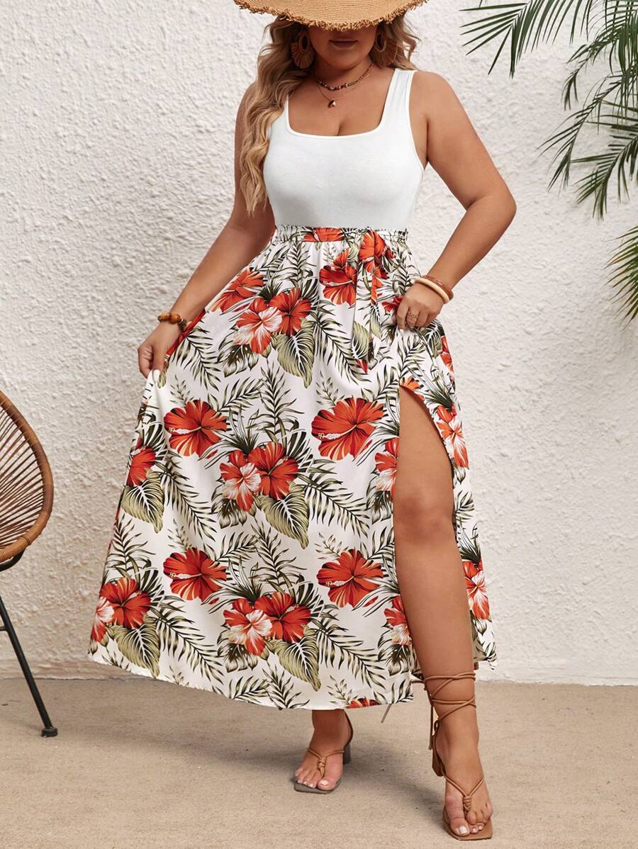 SHEIN VCAY 大码波西米亚风热带印花高开叉吊带连衣裙，适合夏季 - 彩色 - 查看 1