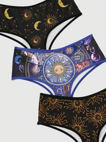 ROMWE Hippie 3入組陽光、月亮、星星印花三角褲女用 - 彩色 - 查看 3