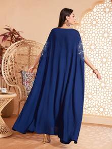 Women's Solid Color Round Neck Cuff & Collar Beaded, Rhinestone Decorated Abaya, Suitable For Various Occasions Like Festivals, Gatherings, Daily Wear, Soft & Comfortable