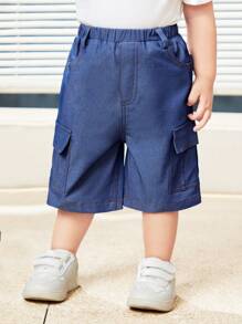 SHEIN Baby Boy's Casual Solid Color 3/4 Shorts With Tool Pockets - Teal Blue - View 5