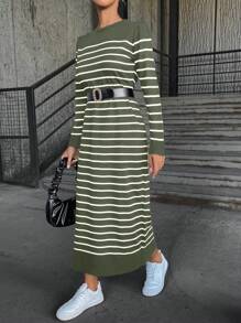 Cloudara Striped Long Sleeve Crew Neck Sweater Dress - Olive Green - View 5