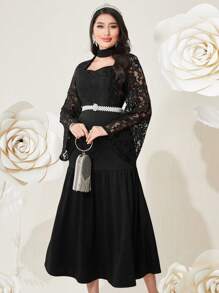 Modelyn Damen Kleid Mit Cut-out, Spitzen Vorderpaneel Und Glockenärmel. Ohne Gürtel - Schwarz - Übersicht 6