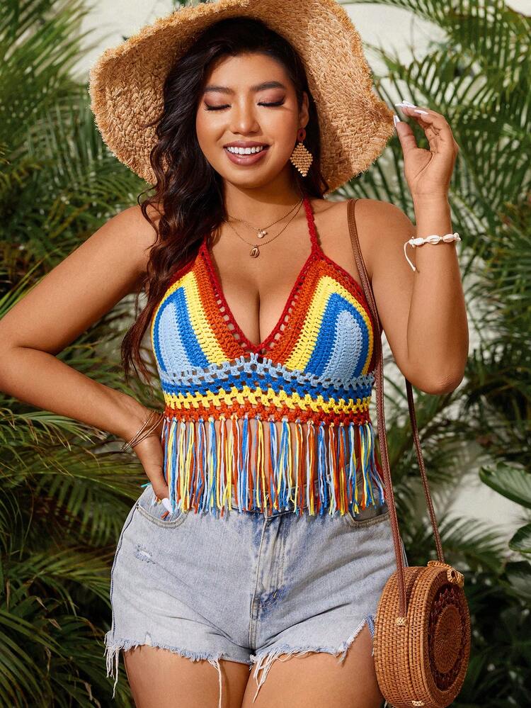 Plus Size Women's Knitted Halter Top With Fringed Hem And Multicolor Striped Pattern