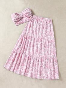 Soleia Kỳ nghỉ Phong cách Của phụ nữ 2 Miếng Bộ : Thực vật In Mặt trước xoắn Áo Bandeau  Và Bất đối xứng Váy - Đỏ và trắng - Xem 3