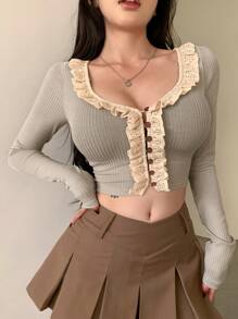 DAZY Blusa corta con botones y ribete de encaje, con volantes, para salir, de manga larga para mujer - Caqui - Ver 3