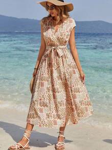 SHEIN Frenchy Vestido sin mangas dividido con cinturón estilo envolvente y estampado tropical de estilo bohemio chic de exquisito diseño botánico de flores paisley para temporada de bodas y vacaciones de verano, vestido lindo.