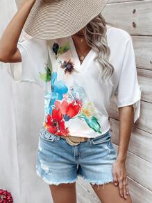 SHEIN LUNE 女士花卉圖案 V 領襯衫 - 白色 - 查看 1