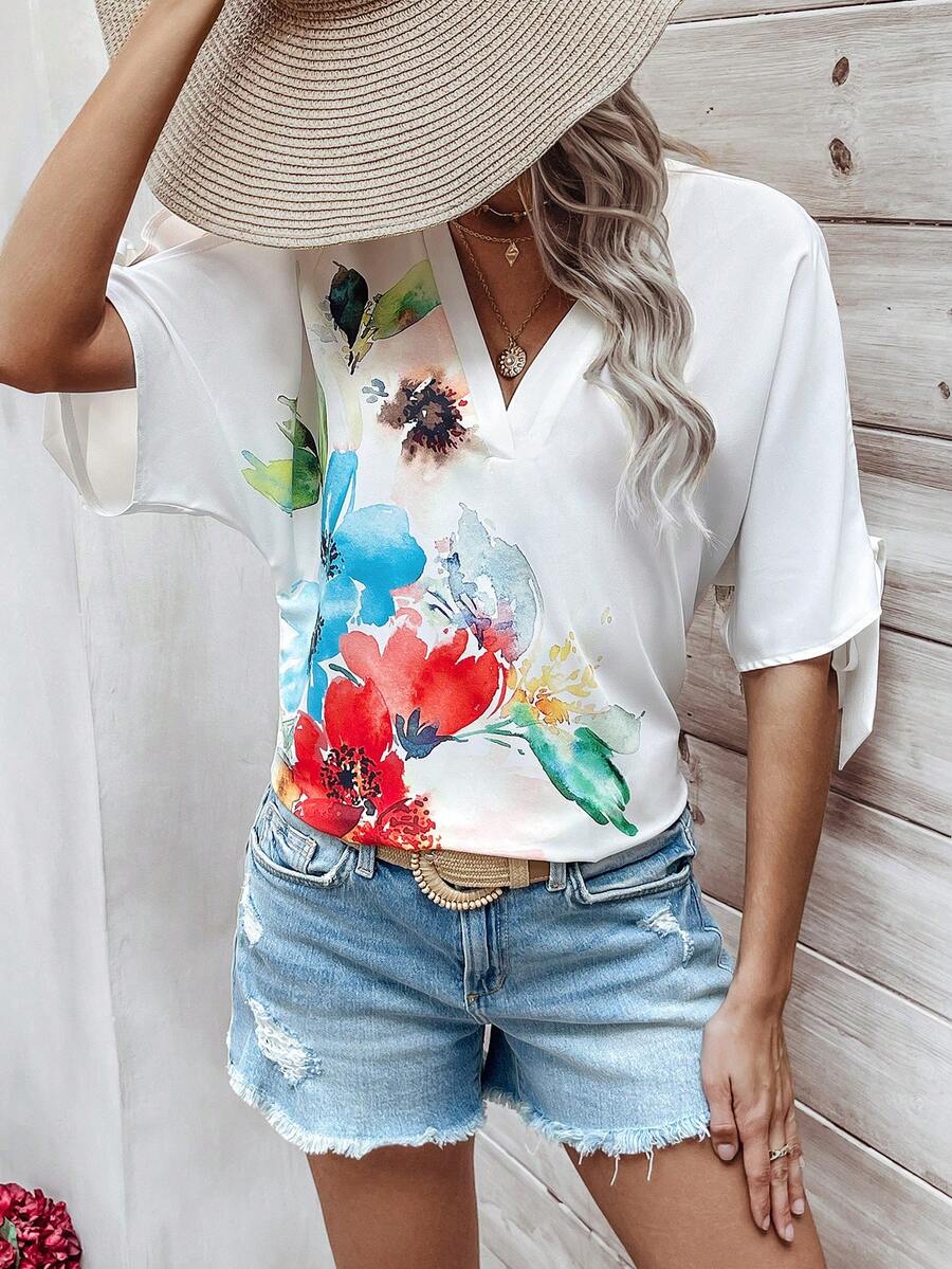 SHEIN LUNE 女士花卉圖案 V 領襯衫 - 白色 - 查看 1