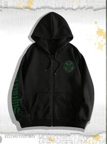 ROMWE MEN Harry Potter | ROMWE 男士字母印花帶束口帽拉鍊衫 - 黑色 - 查看 1