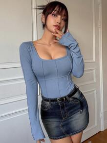 DAZY 女式长袖方领开叉紧身T恤，秋季服装 - 藍色 - 查看 2