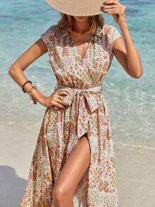 SHEIN Frenchy Vestido sin mangas dividido con cinturón estilo envolvente y estampado tropical de estilo bohemio chic de exquisito diseño botánico de flores paisley para temporada de bodas y vacaciones de verano, vestido lindo.