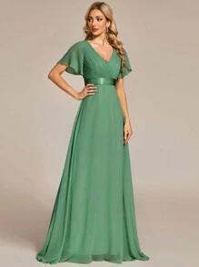 Elegant V-Neck Ruffle Butterfly Sleeve Green Bridesmaid Dress, Guest Dress For Spring Semi-Formal Occasions Like Wedding, Birthday Party, Graduation, Valentine's Day - Green - View 7