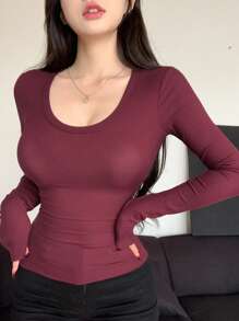 DAZY Áo thun dài tay ôm vừa vặn dành cho nữ, Quần áo mùa thu - Đỏ - Xem 6