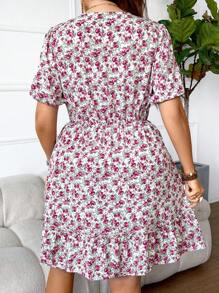 SHEIN Clasi 大碼女士花卉印花蕾絲拼接腰帶連衣裙 - 白色 - 查看 2