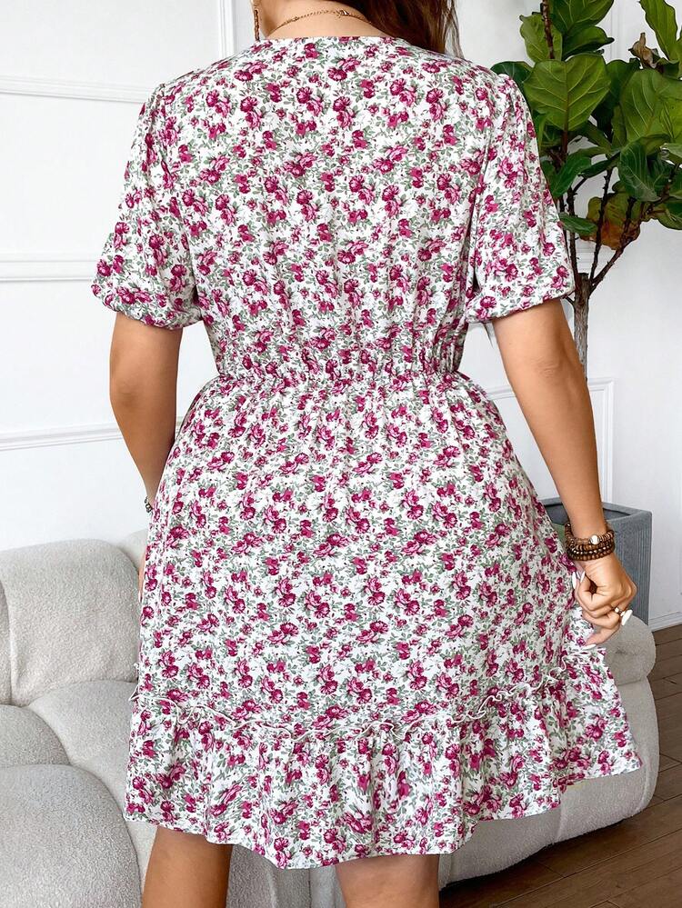 Plus Size Women's Floral Print Lace Splicing Waistband Dress