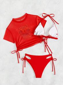 SHEIN Swim Summer Beach Coconut Tree & Letter Pattern Drawstring Side Bikini Set New Year - Red - View 6
