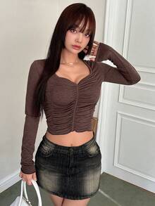 DAZY Người yêu Đường viền cổ áo Xếp li Thon gọn Tay áo dài Của phụ nữ Áo thun - Cà phê nâu - Xem 6