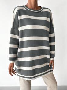 EURMUSE 條紋圖案落肩袖套頭毛衣 - 灰色 - 查看 3