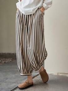FRIFUL Quần ống rộng kẻ sọc nữ, Quần giáo viên - Đen và trắng - Xem 1