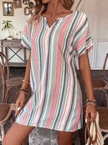 EMERY ROSE Women's Colorful Striped Notched Neck Dress