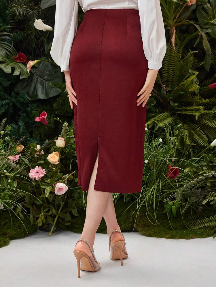 Burgundy Red Solid Ruffled Hem Skirt