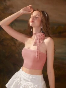 SHEIN MOD 女士粉色純色露背上衣,帶有3d花朵裝飾 - 粉色 - 查看 3
