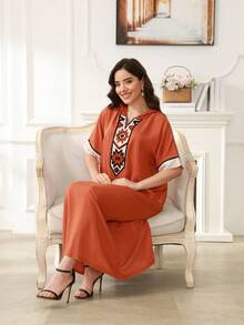 Women Geometric Pattern Hooded Elegant Arabic Dress - Orange - View 5