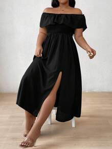 SHEIN Clasi Abito lungo da donna taglie forti con spalle scoperte e vita aderente - nero - Visualizzare 5