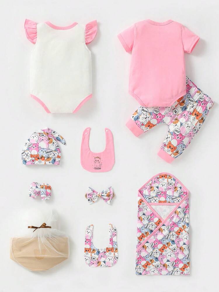 Newborn Baby Girl One-Month Gift Box Set, With Ruffle Collar Cat Print Short Sleeve Bodysuit Long Pants Multi-Piece Cute, Comfortable & Casual Outfits For Spring/Summer