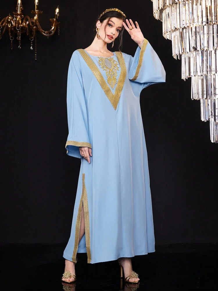 Women's Colorblock Embroidery Decor Split Hem Long Sleeve Dress