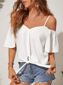 SHEIN VCAY Tie Sleeve Solid Color Vacation Blouse - White - View 4