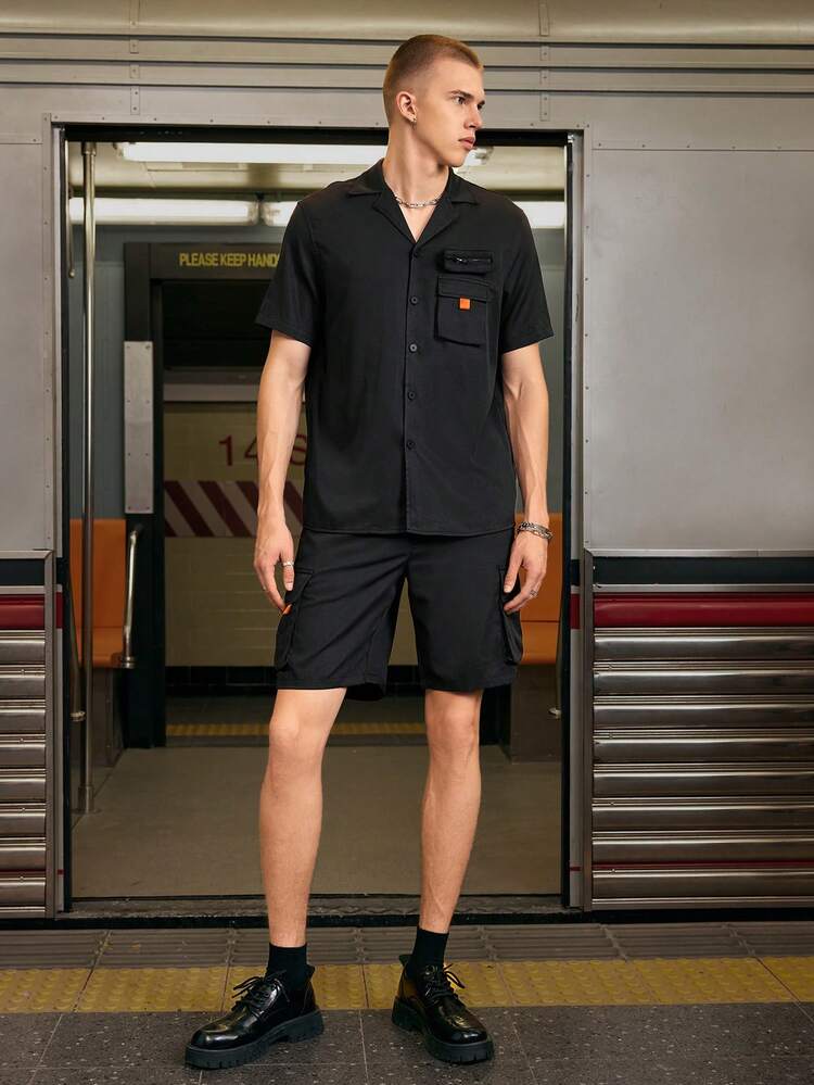 Men's Flip Pocket Front Short Sleeve Loose Fit Shirt And Shorts Woven Casual Two Piece Set