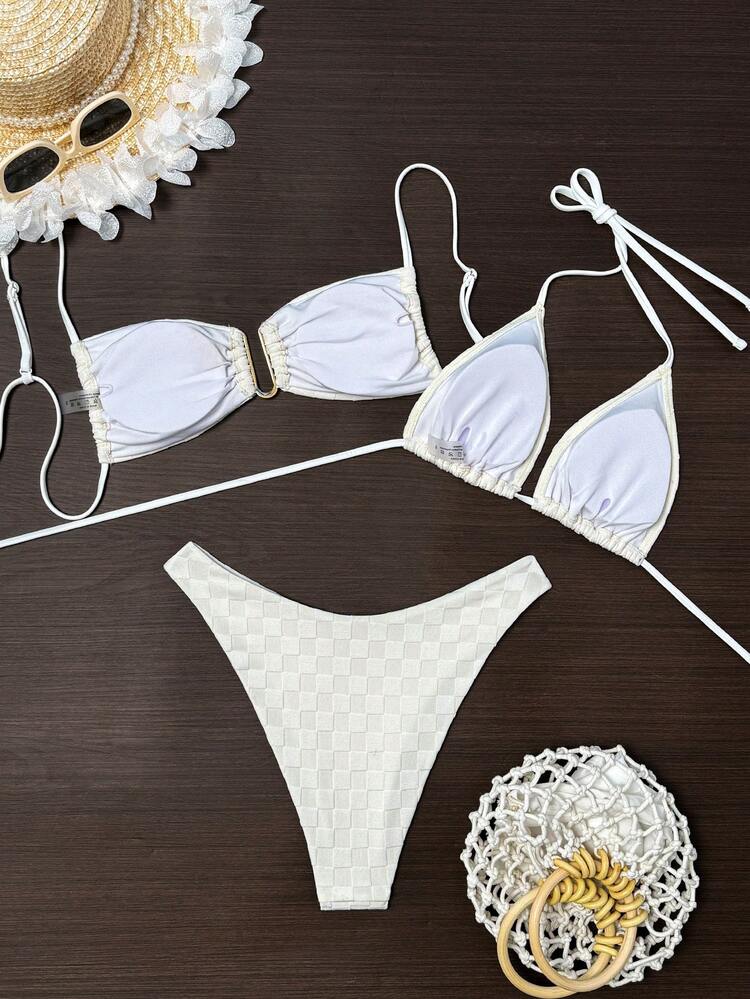 3pcs/Set Bikini Set With Grid Pattern Print And Embossed Design, Featuring U-Shaped Metal Buckles Wedding Summer