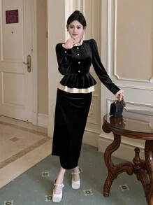 DAZY 女式泡泡袖上衣和裙子套装，带荷叶边细节，女式两件套，秋季女装 - 黑色 - 查看 3