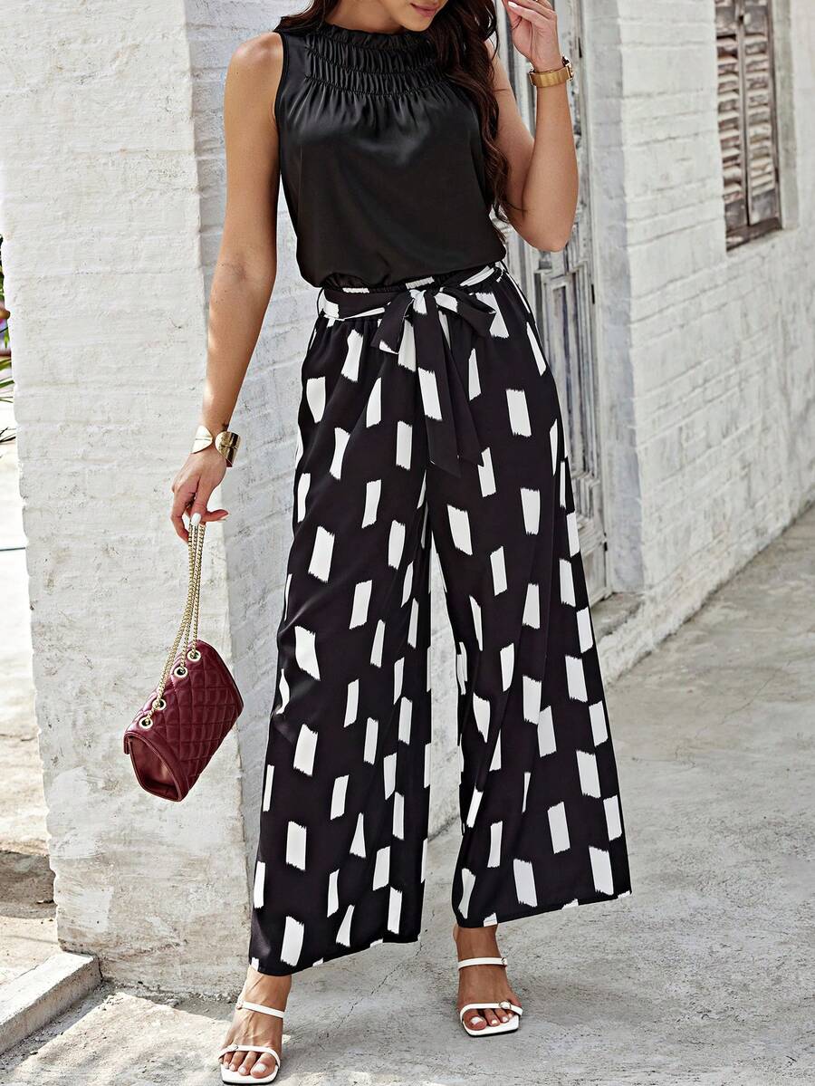 SHEIN Clasi Của phụ nữ Xếp li Vòng cổ Không tay Áo Và In Hình học Quần Bộ - màu đen - Xem 1