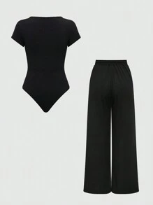 Franclia Plain Color Asymmetric Hem Top And Pants Two Piece Set - Black - View 2