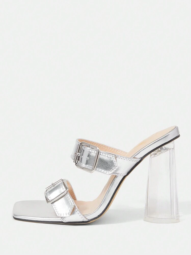 Women'S Fashionable Square Toe Sandals With Silver Buckle High Heels