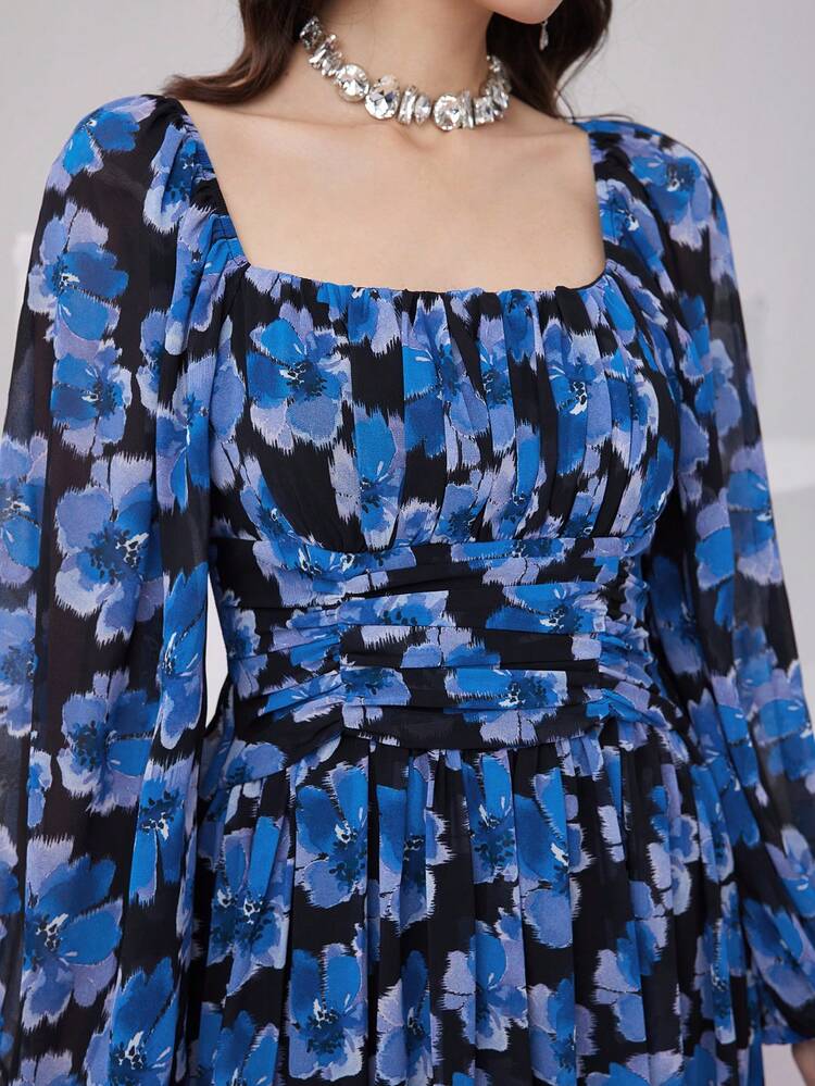 Women's Floral Printed Lantern Sleeve Dress